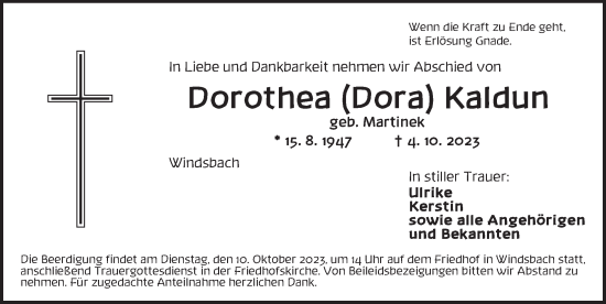 Traueranzeige von Dorothea  Kaldun von Ansbach