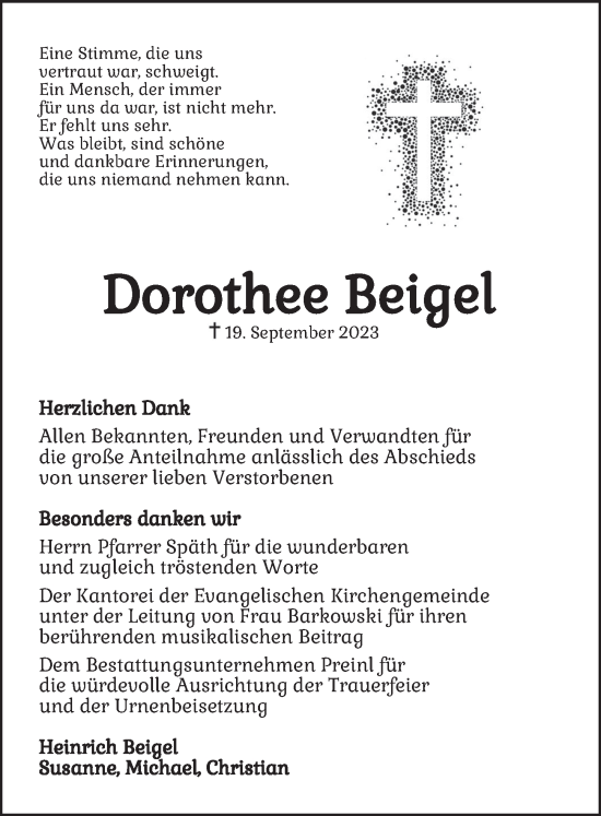 Traueranzeige von Dorothee Beigel von Neustadt/ Scheinfeld/ Uffenheim