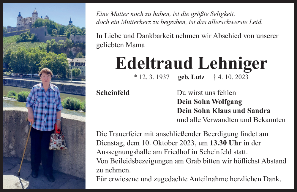  Traueranzeige für Edeltraud Lehniger vom 07.10.2023 aus Neustadt/ Scheinfeld/ Uffenheim