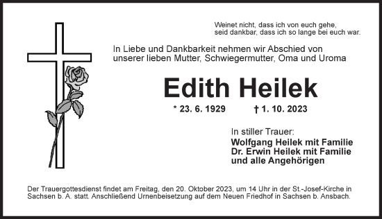 Traueranzeige von Edith Heilek von Ansbach