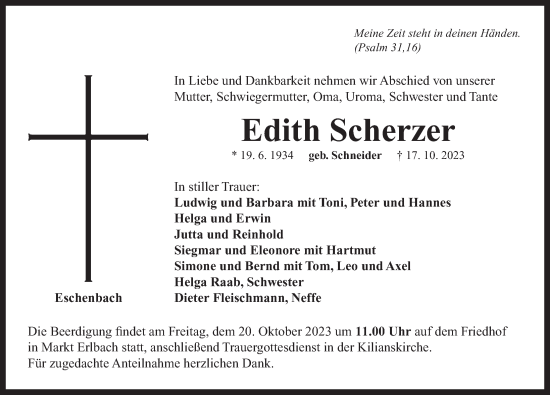 Traueranzeige von Edith Scherzer von Neustadt/ Scheinfeld/ Uffenheim