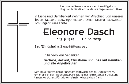 Traueranzeige von Eleonore Dasch von Neustadt/ Scheinfeld/ Uffenheim