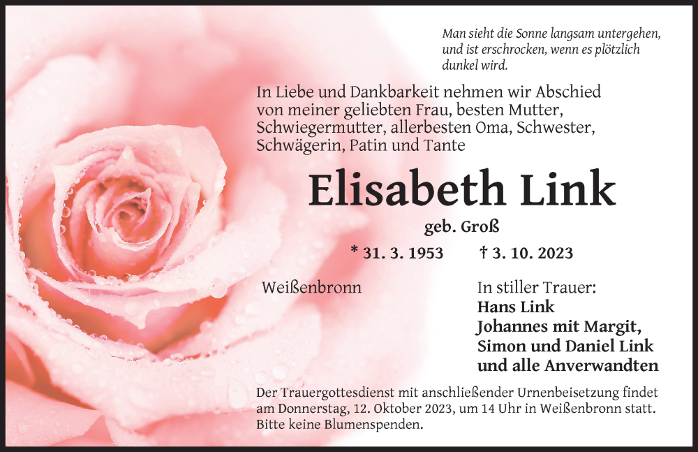  Traueranzeige für Elisabeth Link vom 07.10.2023 aus Ansbach