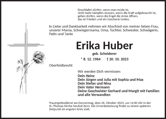 Traueranzeige von Erika Huber von Neustadt/ Scheinfeld/ Uffenheim