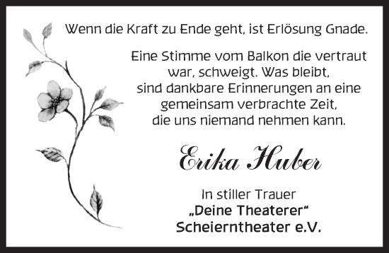 Traueranzeige von Erika Huber von Neustadt/ Scheinfeld/ Uffenheim