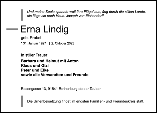 Traueranzeige von Erna Lindig von Rothenburg