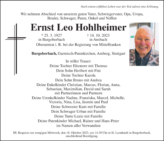 Traueranzeige von Ernst Leo Hohlheimer von Ansbach