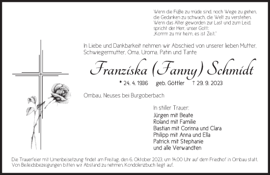 Traueranzeige von Franziska Schmidt von Ansbach