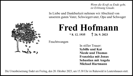 Traueranzeige von Fred Hofmann von Dinkelsbühl/ Feuchtwangen