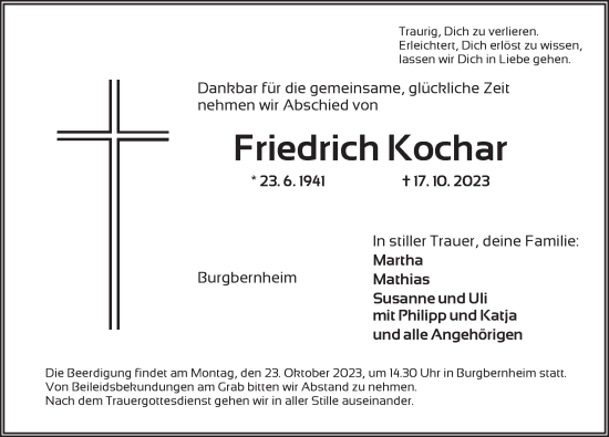 Traueranzeige von Friedrich Kochar von Neustadt/ Scheinfeld/ Uffenheim