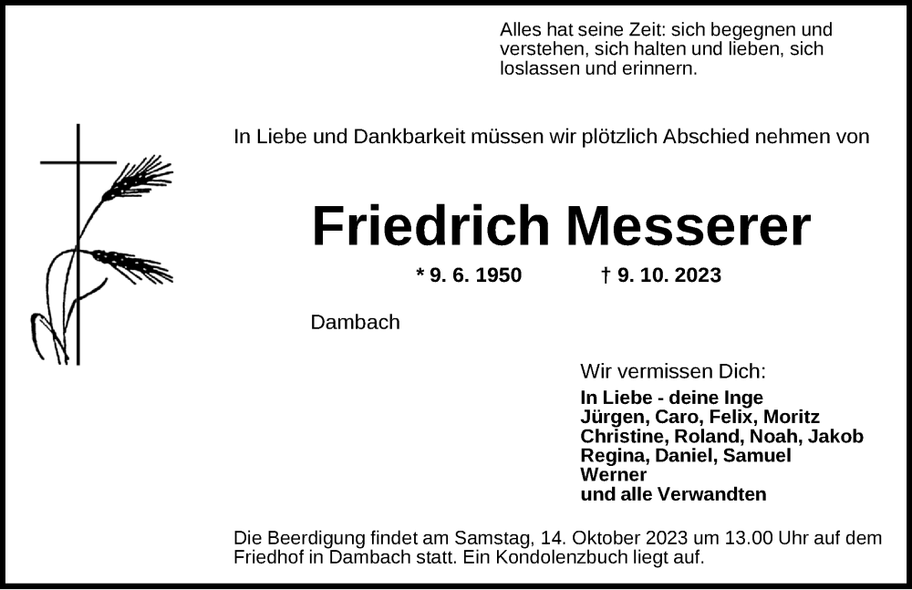  Traueranzeige für Friedrich Messerer vom 12.10.2023 aus Dinkelsbühl/ Feuchtwangen