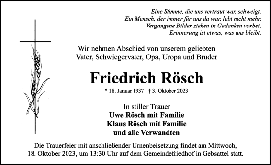 Traueranzeige von Friedrich Rösch von Rothenburg