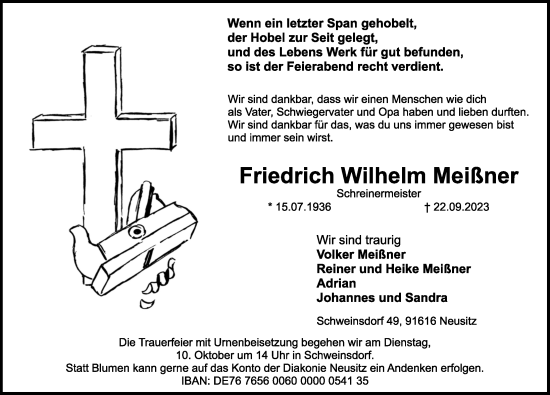 Traueranzeige von Friedrich Wilhelm Meißner von Rothenburg