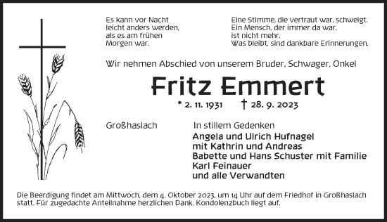 Traueranzeige von Fritz Emmert von Ansbach