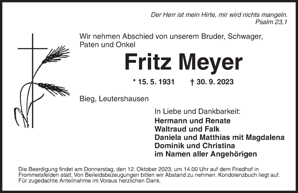  Traueranzeige für Fritz Meyer vom 07.10.2023 aus Ansbach