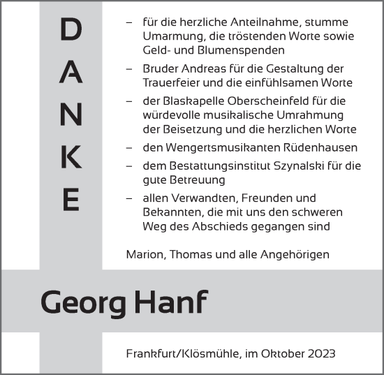 Traueranzeige von Georg Hanf von Neustadt/ Scheinfeld/ Uffenheim