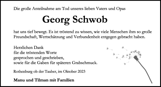 Traueranzeige von Georg Schwob von Rothenburg