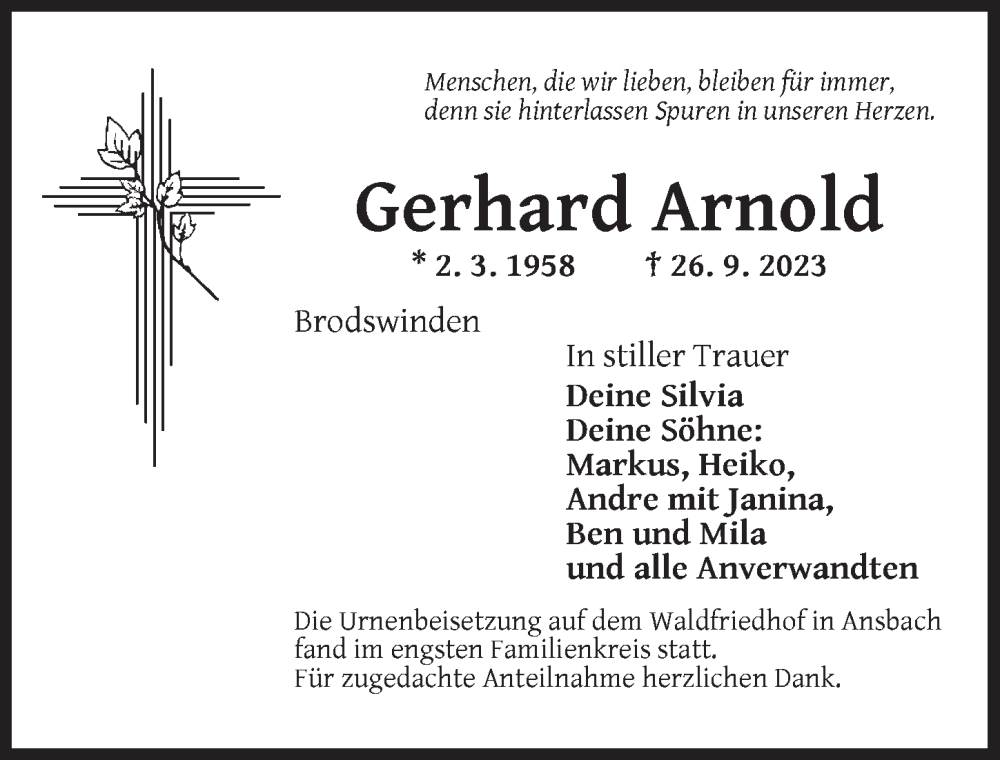  Traueranzeige für Gerhard Arnold vom 21.10.2023 aus Ansbach