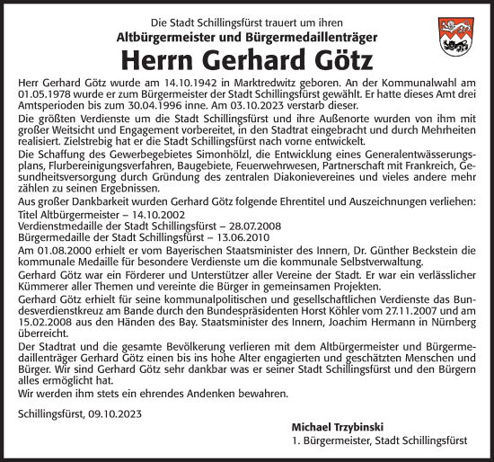 Traueranzeige von Gerhard Götz von Rothenburg