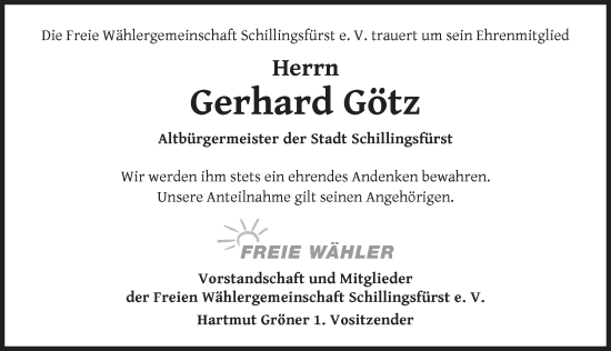 Traueranzeige von Gerhard Götz von Rothenburg