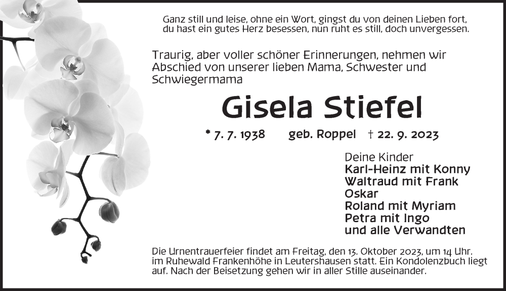 Traueranzeige für Gisela Stiefel vom 09.10.2023 aus Dinkelsbühl/ Feuchtwangen