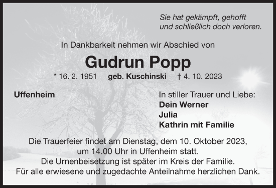 Traueranzeige von Gudrun Popp von Neustadt/ Scheinfeld/ Uffenheim