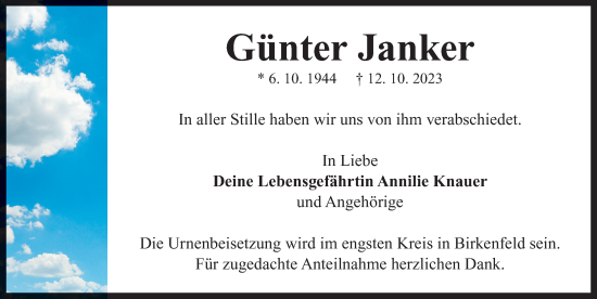 Traueranzeige von Günter Janker von Neustadt/ Scheinfeld/ Uffenheim