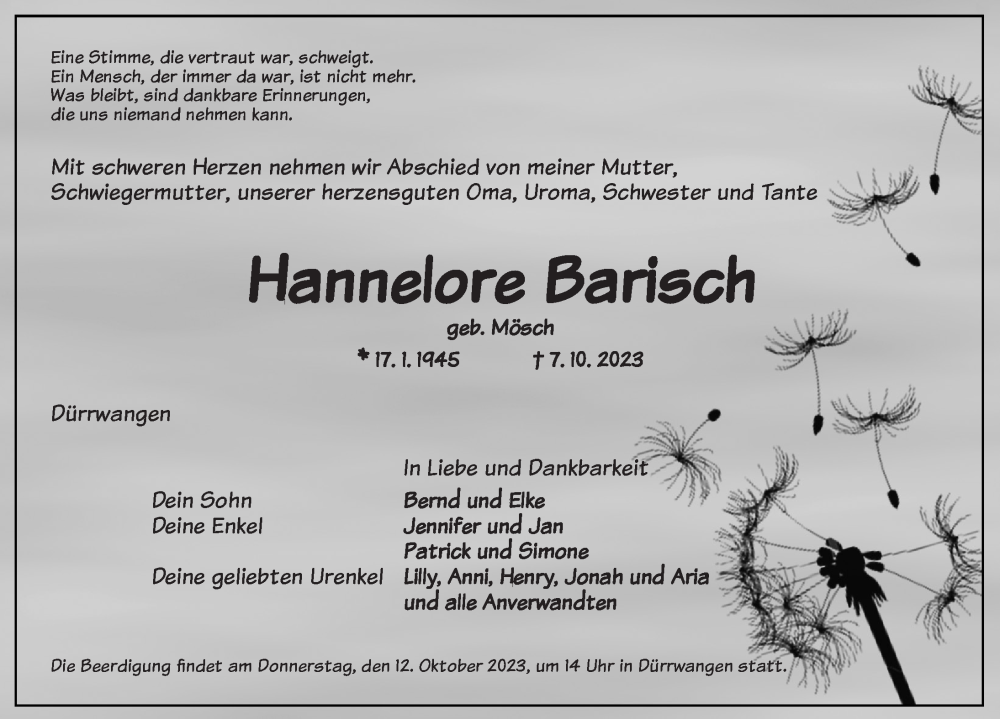 Traueranzeige für Hannelore Barisch vom 11.10.2023 aus Dinkelsbühl/ Feuchtwangen