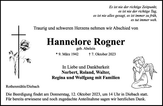 Traueranzeige von Hannelore Rogner von Rothenburg