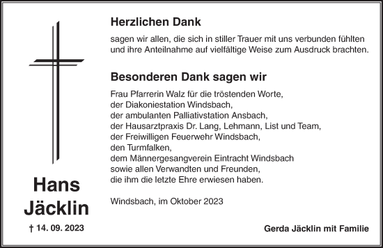 Traueranzeige von Hans Jäcklin von Ansbach