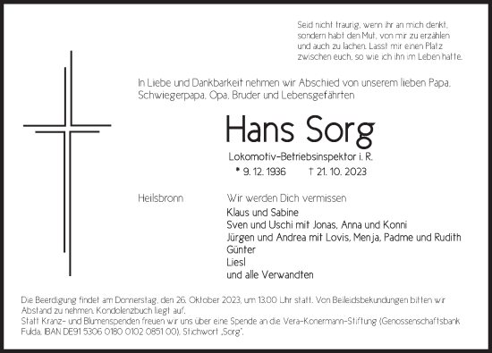 Traueranzeige von Hans Sorg von Ansbach