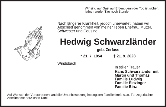 Traueranzeige von Hedwig Schwarzländer von Ansbach