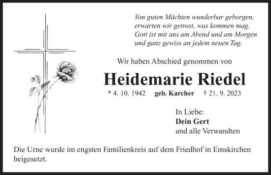 Traueranzeige von Heidemarie Riedel von Neustadt/ Scheinfeld/ Uffenheim
