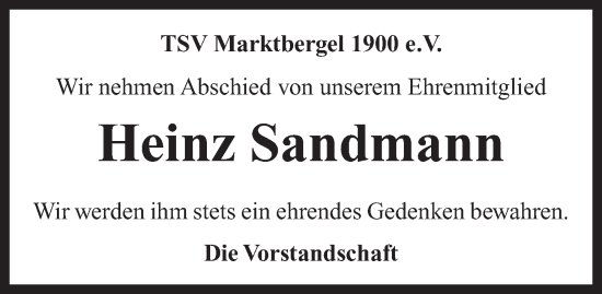 Traueranzeige von Heinz Sandmann von Neustadt/ Scheinfeld/ Uffenheim