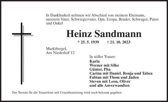 Traueranzeige von Heinz Sandmann von Neustadt/ Scheinfeld/ Uffenheim