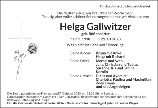 Traueranzeige von Helga Gallwitzer von Ansbach