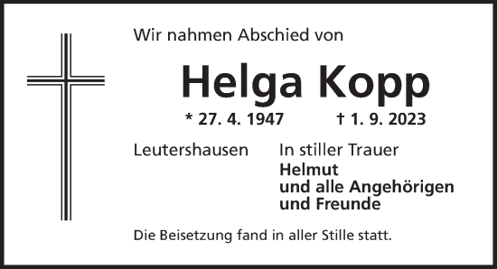 Traueranzeige von Helga Kopp von Ansbach