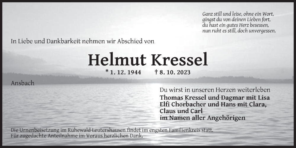  Traueranzeige für Helmut Kressel vom 14.10.2023 aus Ansbach