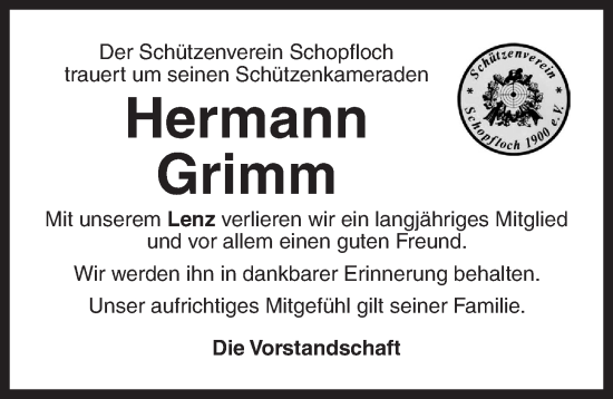 Traueranzeige von Hermann Grimm von Dinkelsbühl/ Feuchtwangen