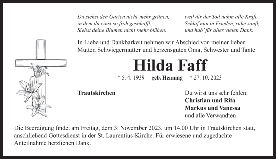 Traueranzeige von Hilda Faff von Neustadt/ Scheinfeld/ Uffenheim