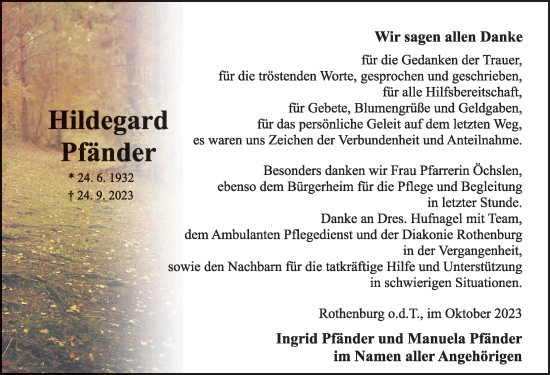 Traueranzeige von Hildegard Pfänder von Rothenburg