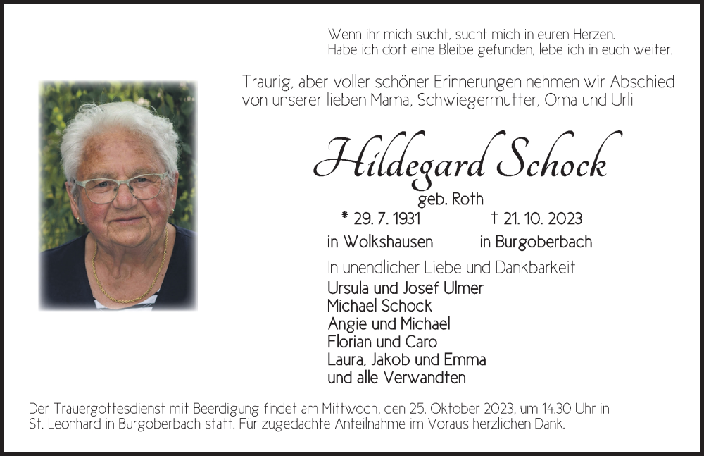  Traueranzeige für Hildegard Schock vom 24.10.2023 aus Ansbach