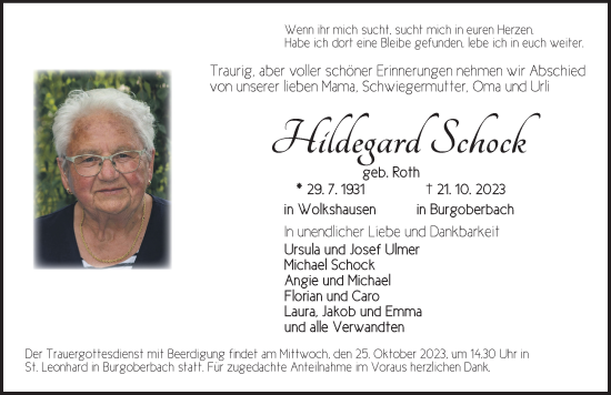 Traueranzeige von Hildegard Schock von Ansbach