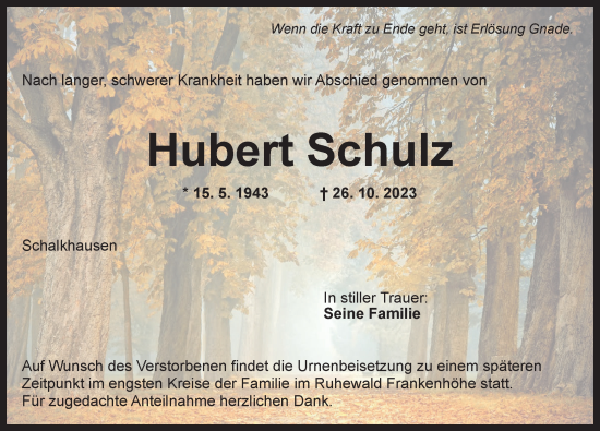 Traueranzeige von Hubert Schulz von Ansbach