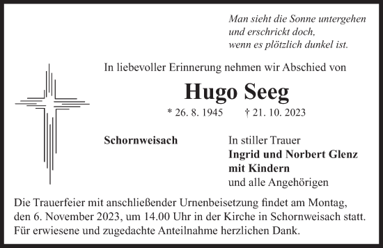 Traueranzeige von Hugo Seeg von Neustadt/ Scheinfeld/ Uffenheim