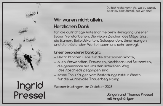 Traueranzeige von Ingrid Pressel von Dinkelsbühl/ Feuchtwangen