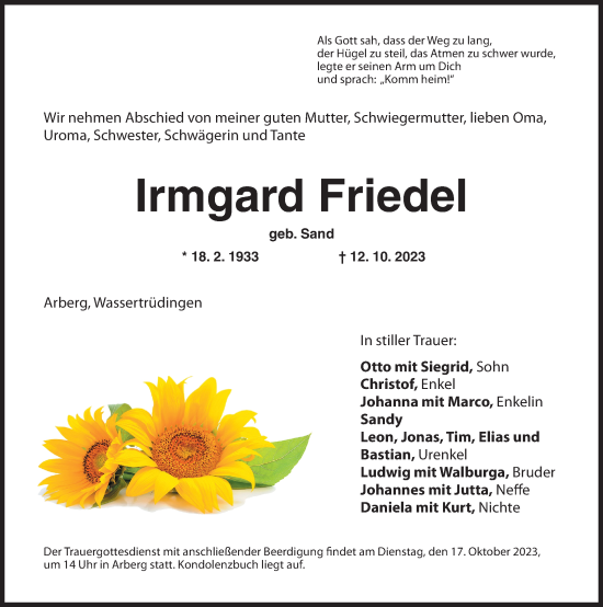 Traueranzeige von Irmgard Friedel von Dinkelsbühl/ Feuchtwangen