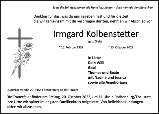 Traueranzeige von Irmgard Kolbenstetter von Rothenburg