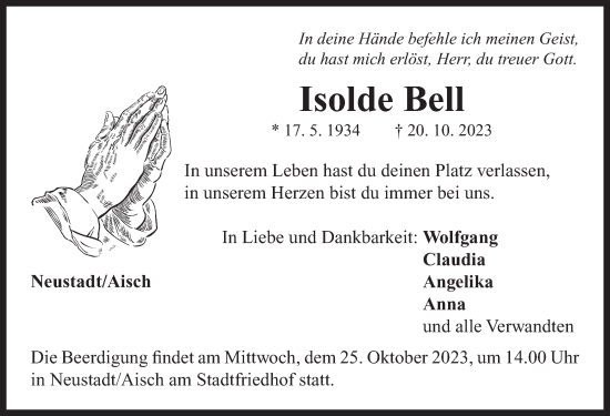 Traueranzeige von Isolde Bell von Neustadt/ Scheinfeld/ Uffenheim