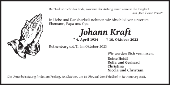 Traueranzeige von Johann Kraft von Rothenburg